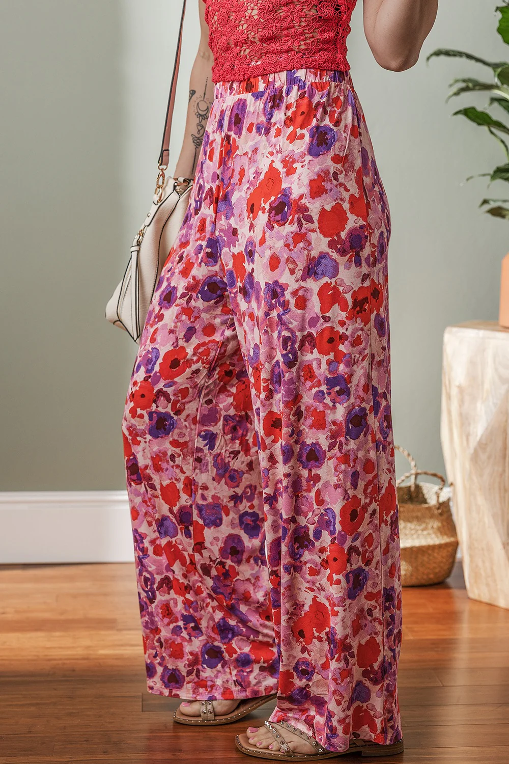 Floral Wide Leg Elastic High Waist Pants - Image 3