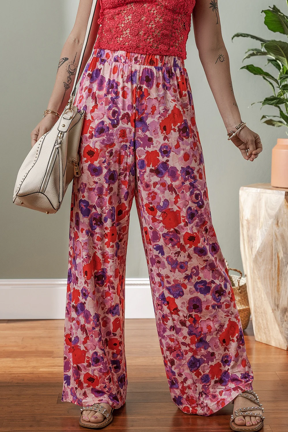 Floral Wide Leg Elastic High Waist Pants - Image 4