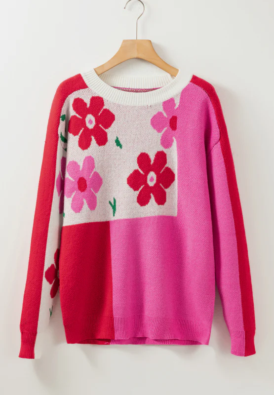 Flower Color Block Round Neck Sweater - Image 5