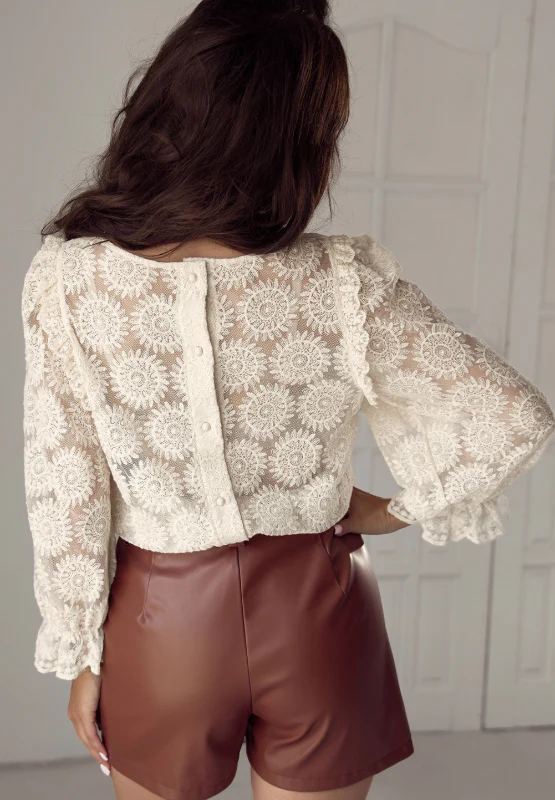 Flower Jacquard Flounce Sleeve Blouse - Image 5