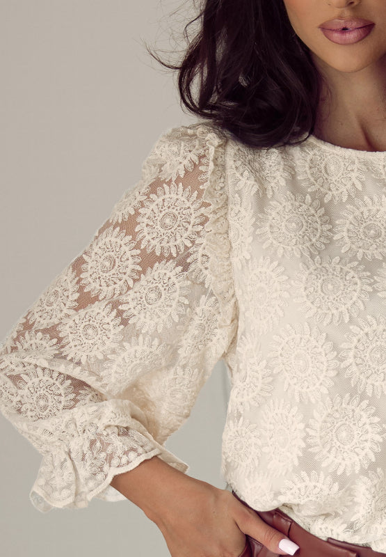 Flower Jacquard Flounce Sleeve Blouse - Image 6