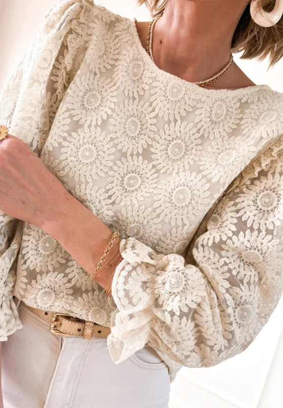 Flower Jacquard Flounce Sleeve Blouse - Image 8
