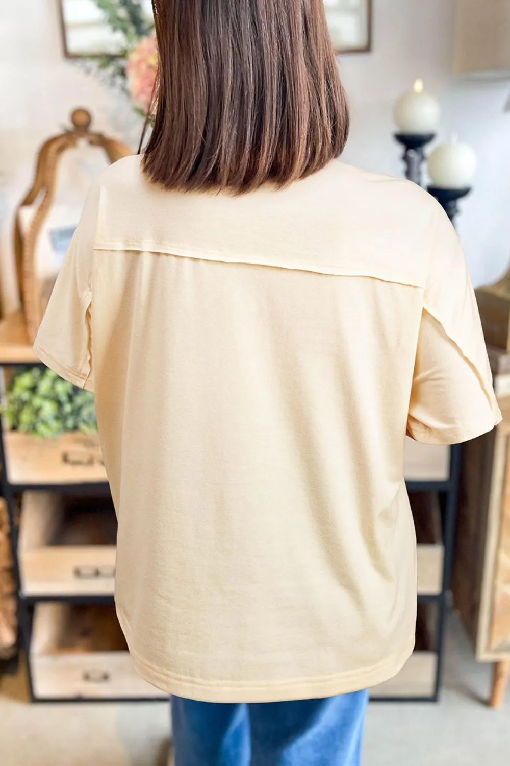 Flower Patched Exposed Stitching Trim Crew Neck Loose Tee - Image 2