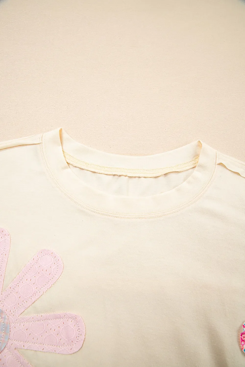 Flower Patched Exposed Stitching Trim Crew Neck Loose Tee - Image 5