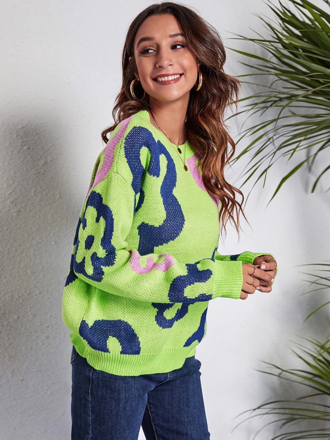 Flower Pattern Round Neck Long Sleeve Sweater - Image 3