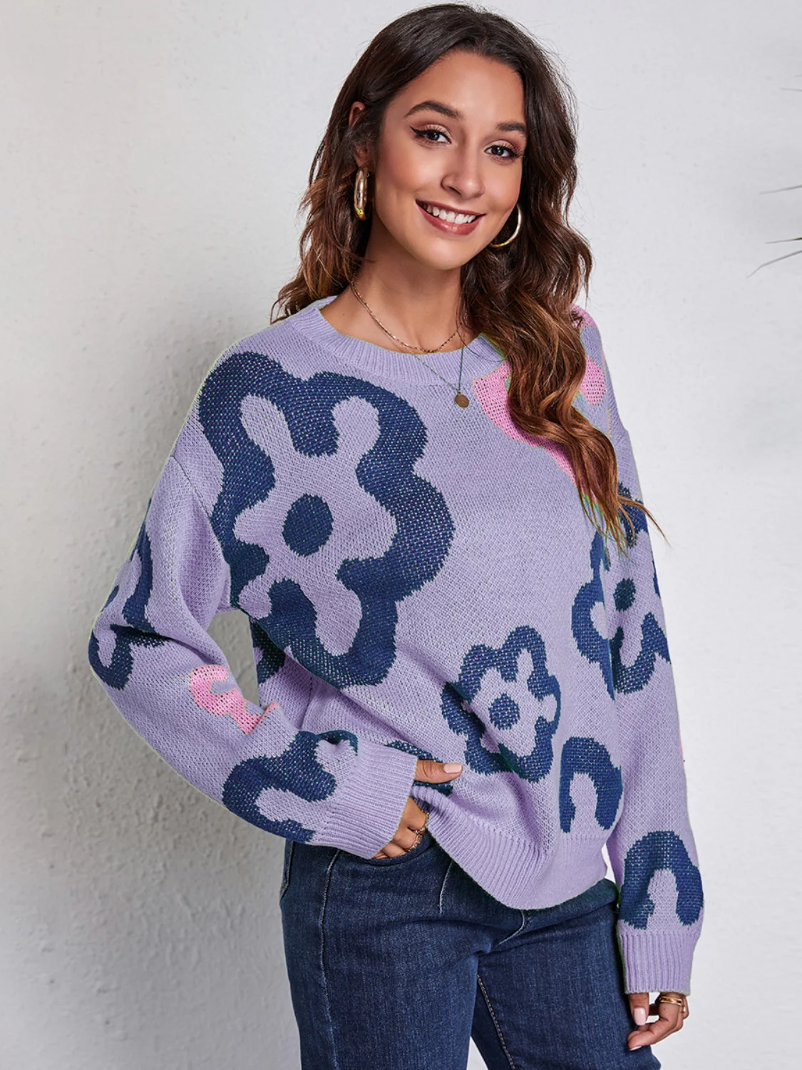 Flower Pattern Round Neck Long Sleeve Sweater - Image 4
