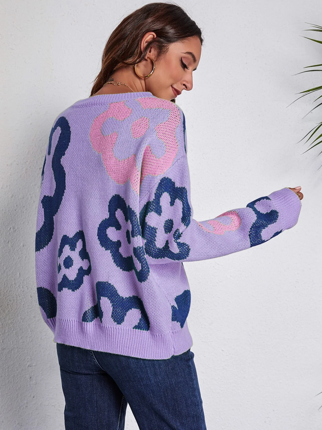 Flower Pattern Round Neck Long Sleeve Sweater - Image 5