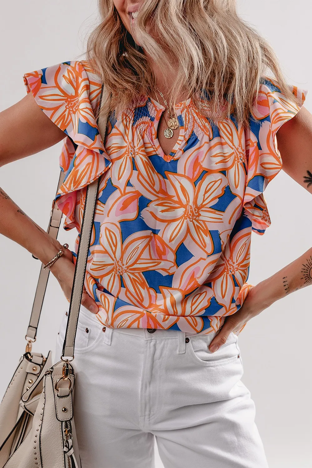 Flower Print Notched Neck Ruffle Sleeve Blouse - Image 2