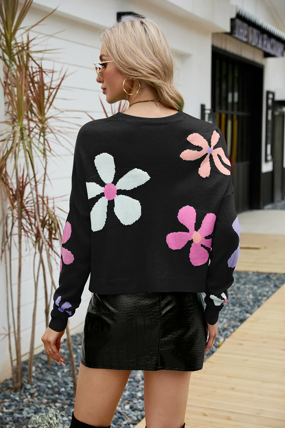 Flower Round Neck Drop Shoulder Sweater - Image 7
