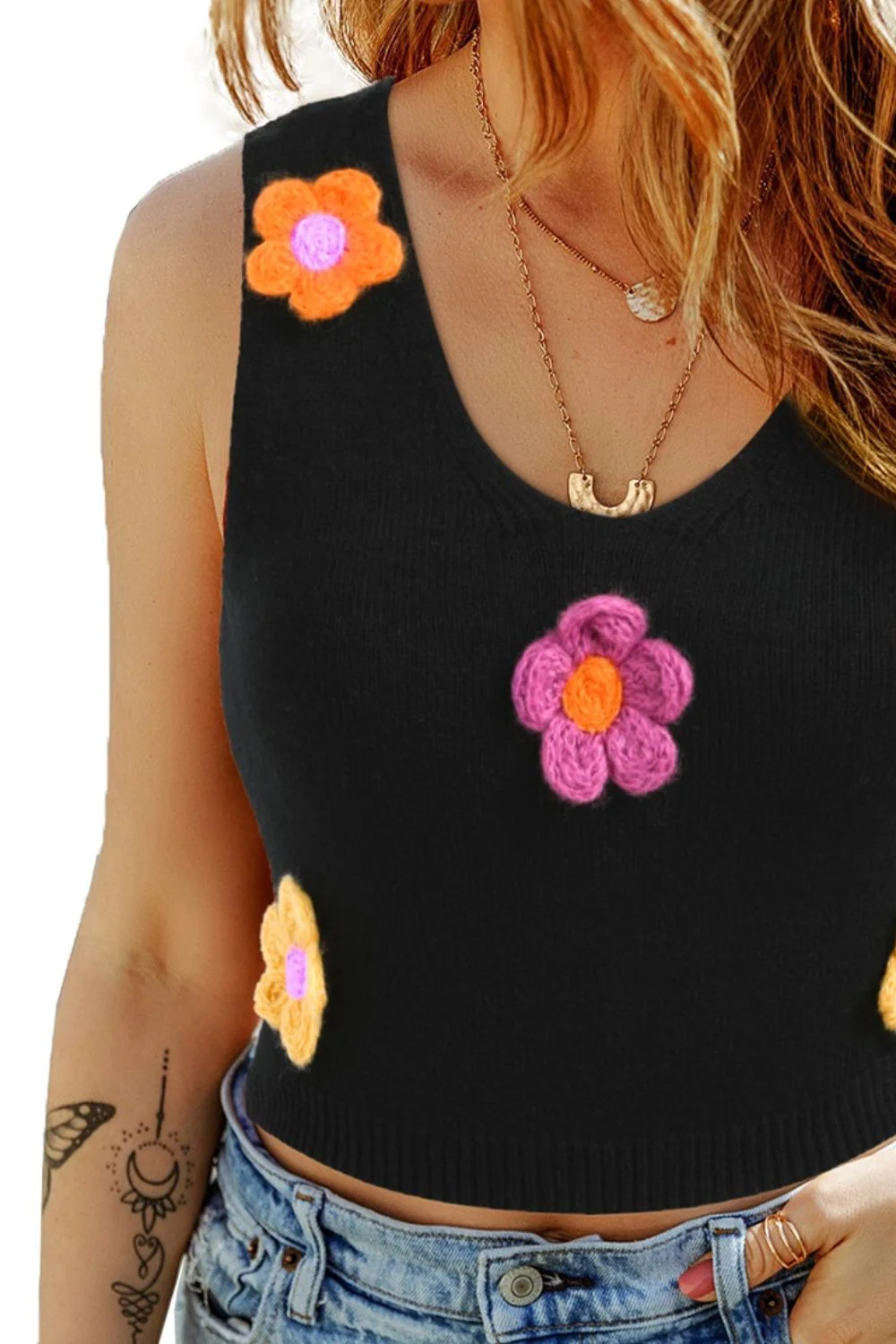 Flower Scoop Neck Knit Vest - Image 2