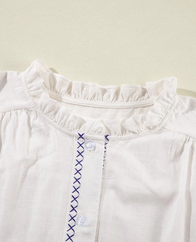 Frill Floral Embroidered Sleeve Shirt - Image 10