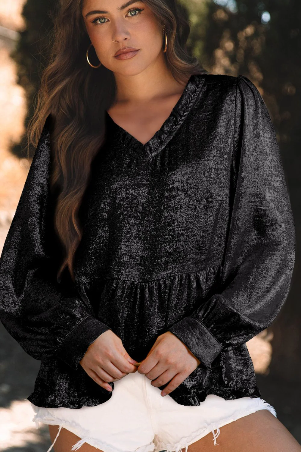 Frill Peplum V-Neck Long Sleeve Blouse - Image 8