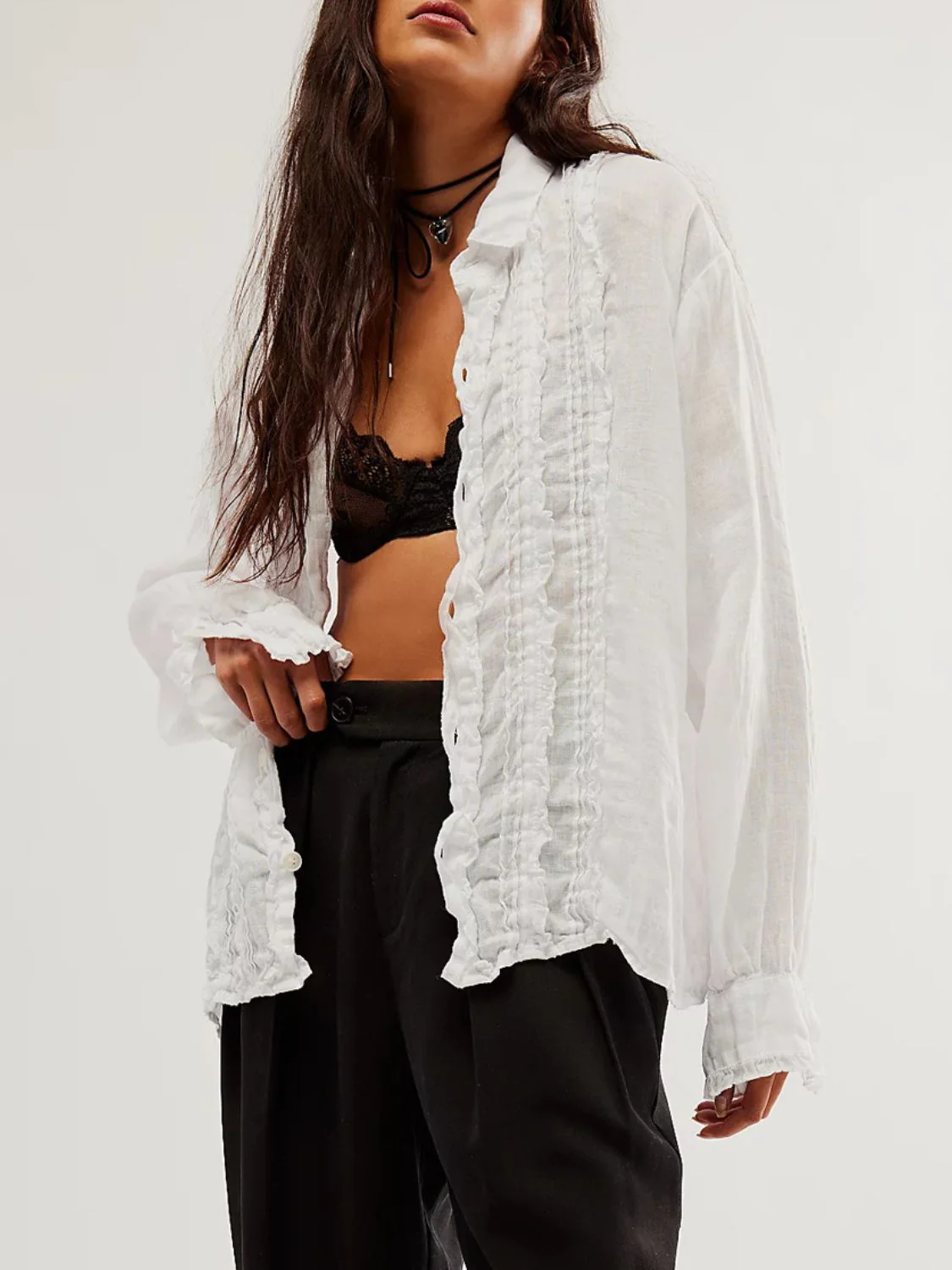 Frill Ruched Collared Neck Long Sleeve Shirt - Image 5