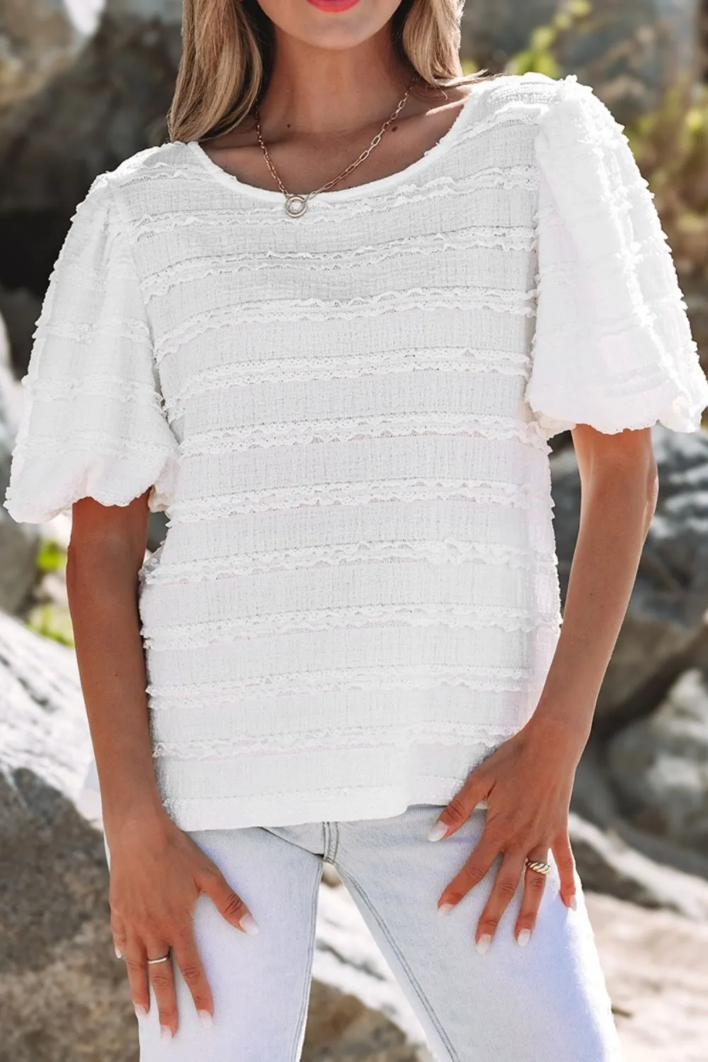 Frilled Lace Trim Bubble Sleeve Blouse - Image 4