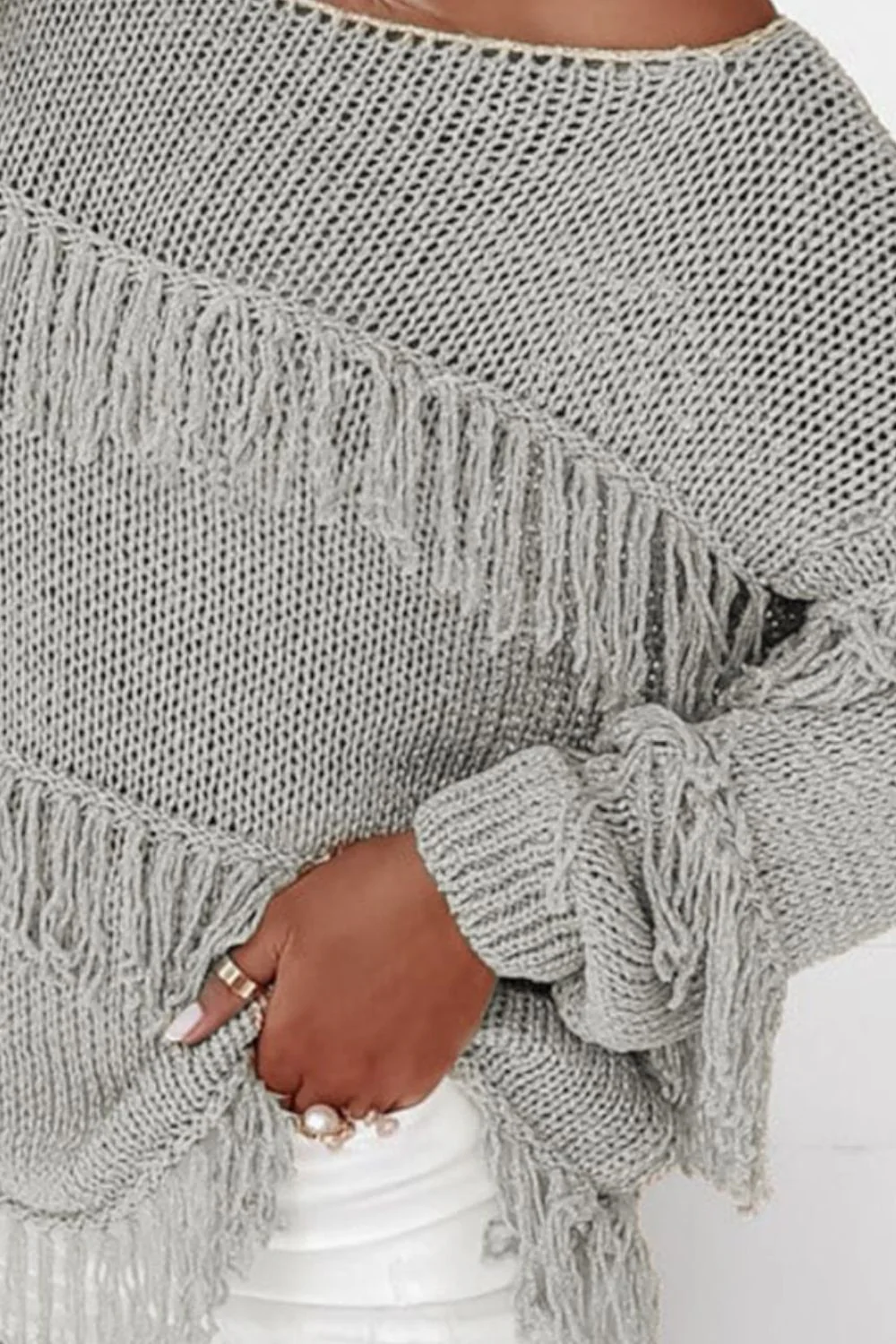 Fringe Boat Neck Long Sleeve Sweater - Image 3