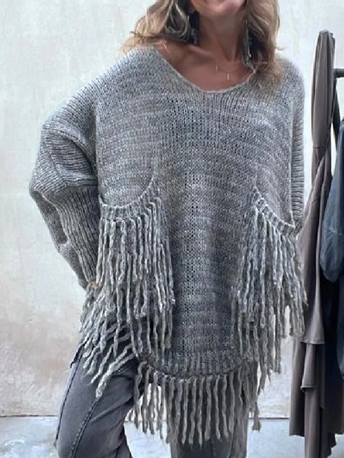Fringe Detail Long Sleeve Sweater with Pockets - Image 4