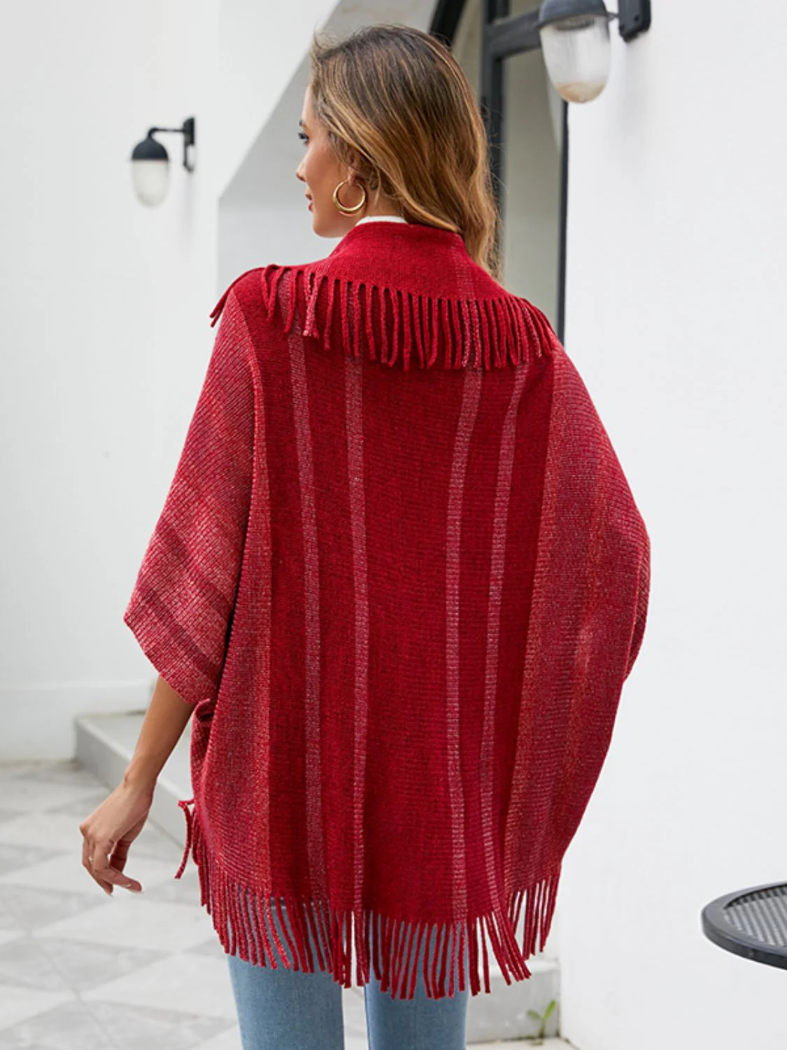 Fringe Detail Open Front Poncho - Image 2