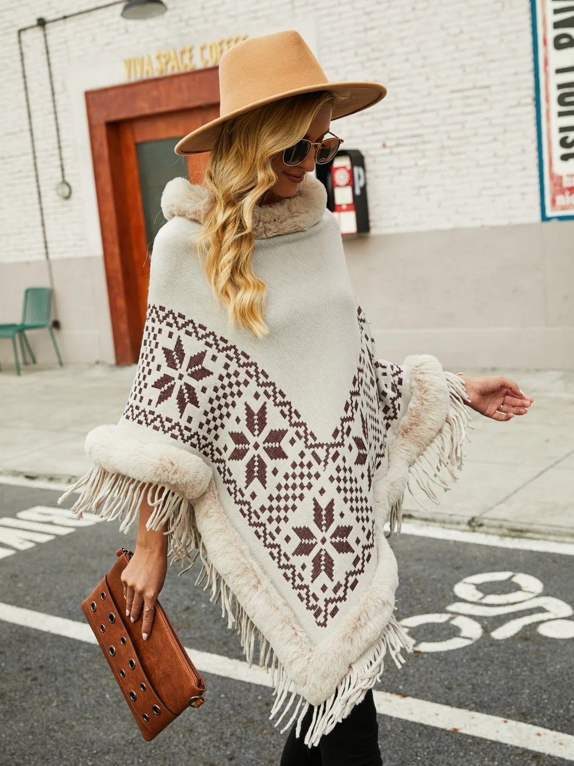 Fringe Geometric Cape Sleeve Poncho - Image 4