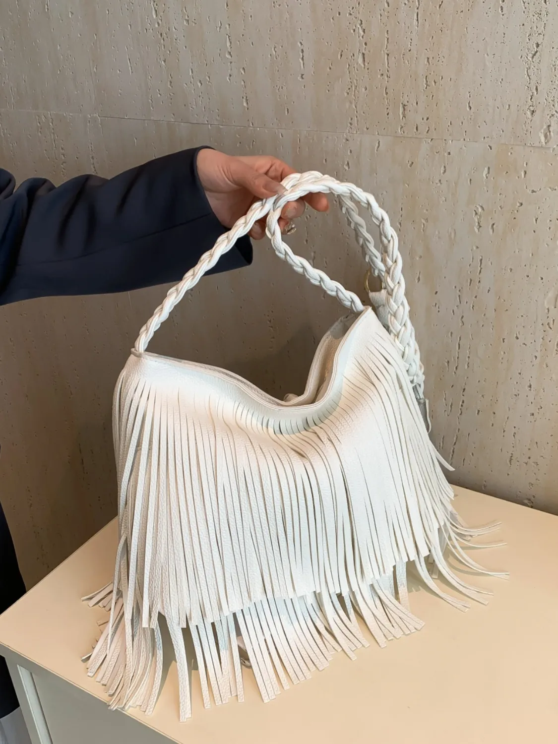 Fringe Solid Color Shoulder Bag - Image 4