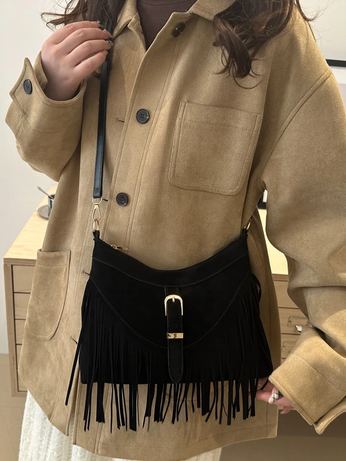 Fringe Solid Color Shoulder Bag