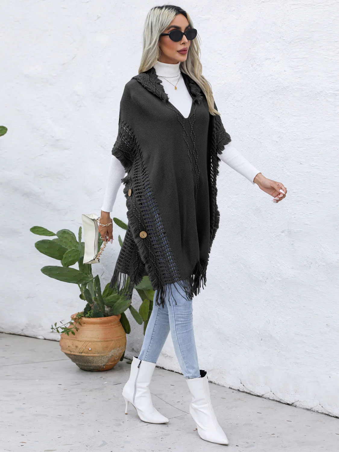 Fringe Trim Buttoned Hooded Poncho - Image 10
