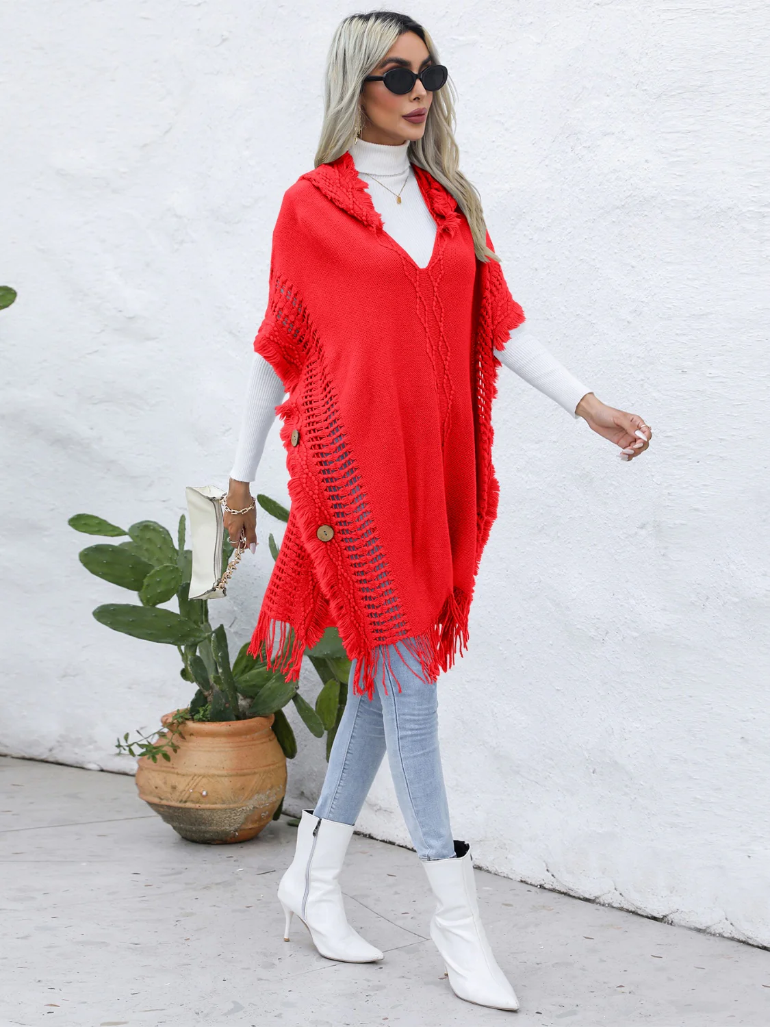 Fringe Trim Buttoned Hooded Poncho - Image 13