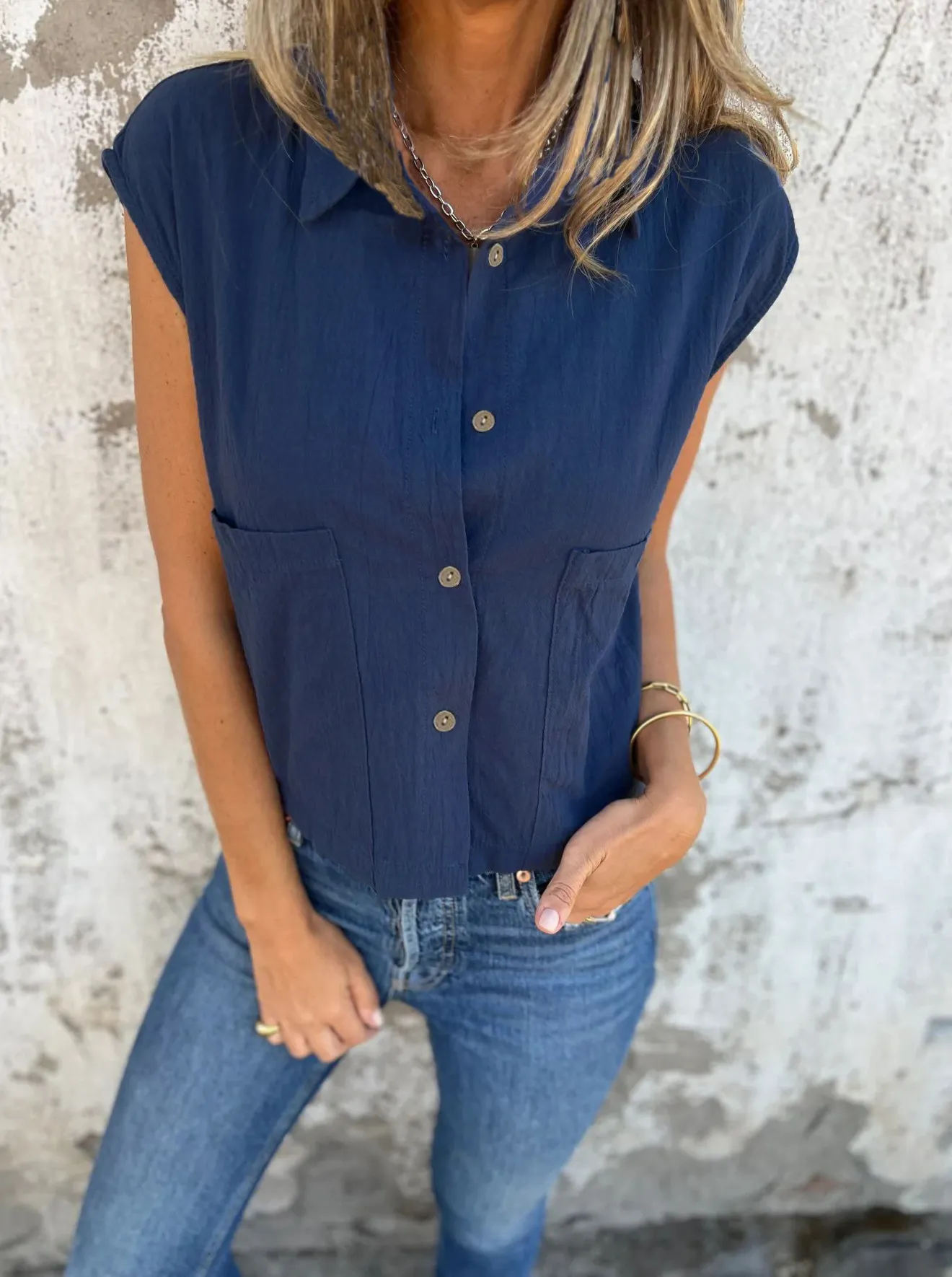 Full Size Button Down Cap Sleeve Linen Shirt Plus Size - Image 10