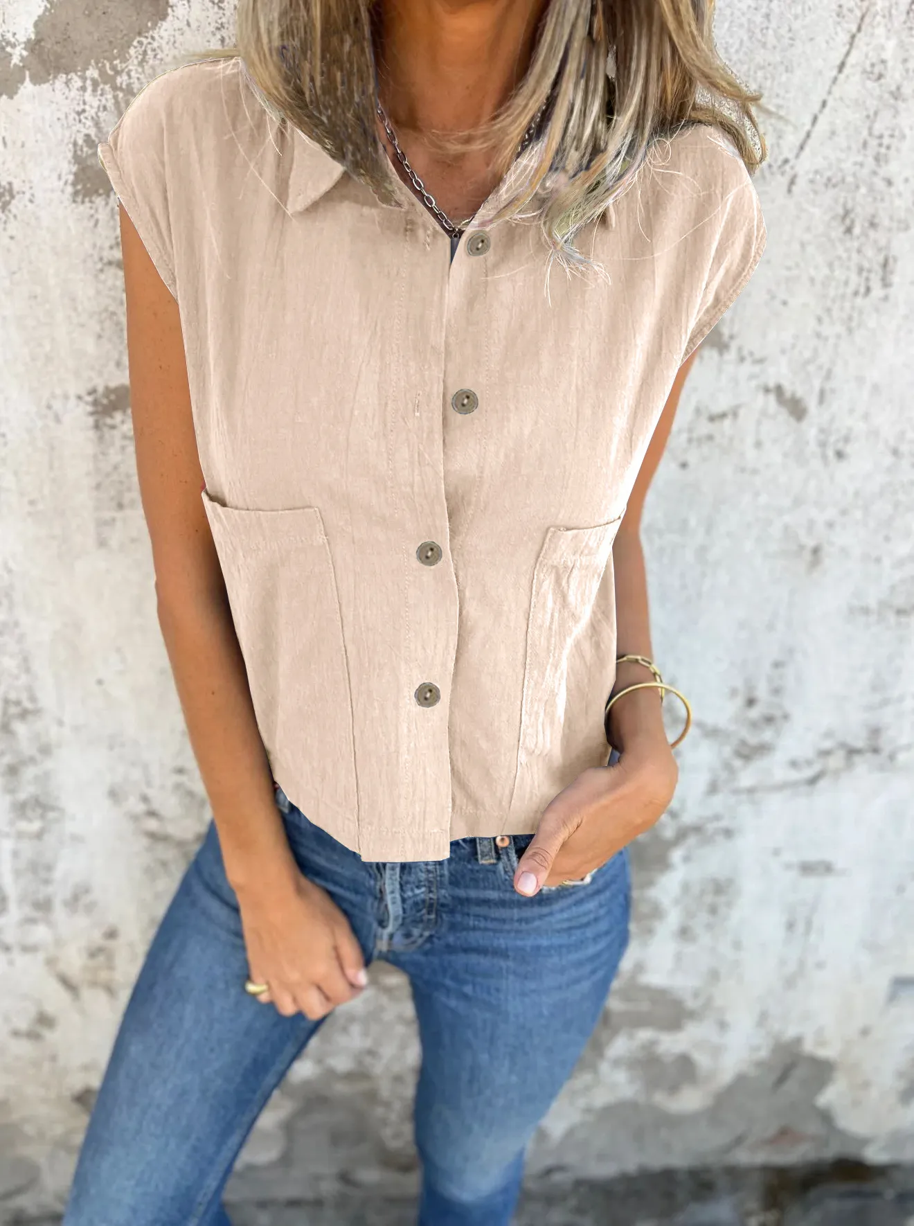 Full Size Button Down Cap Sleeve Linen Shirt Plus Size - Image 13