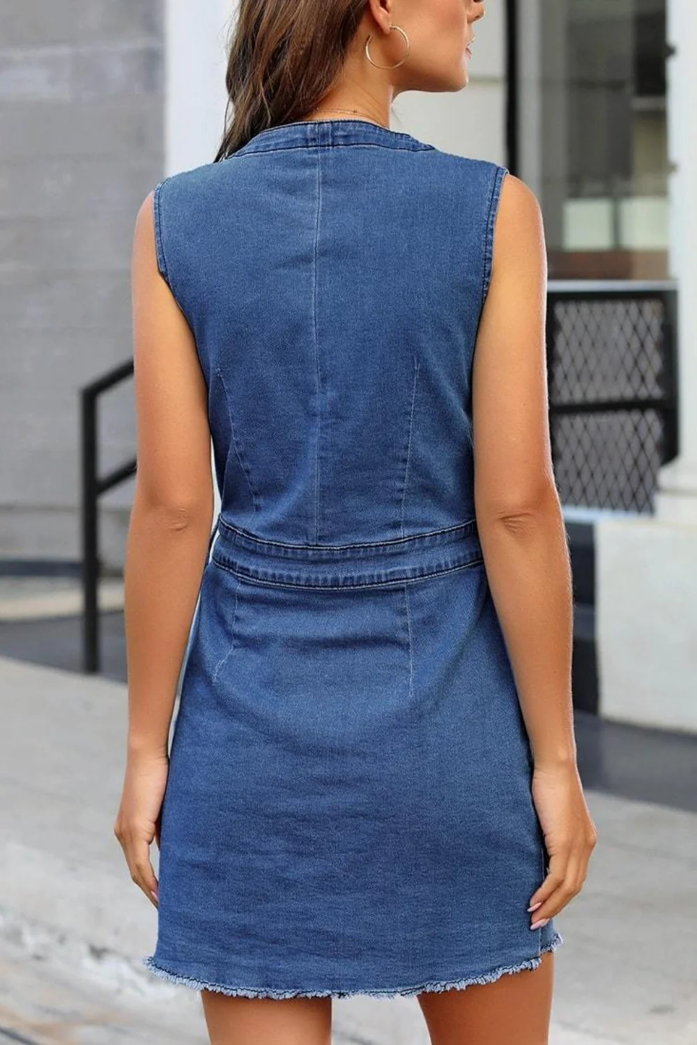 Full Size Button Up V-Neck Sleeveless Denim Dress - Image 2