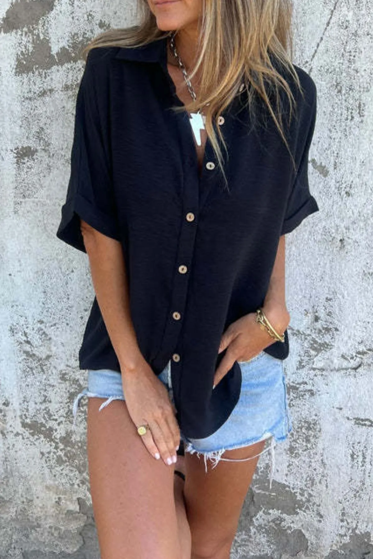 Full Size Casual Button Down Short Sleeve Loose Shirt Plus Size - Image 6