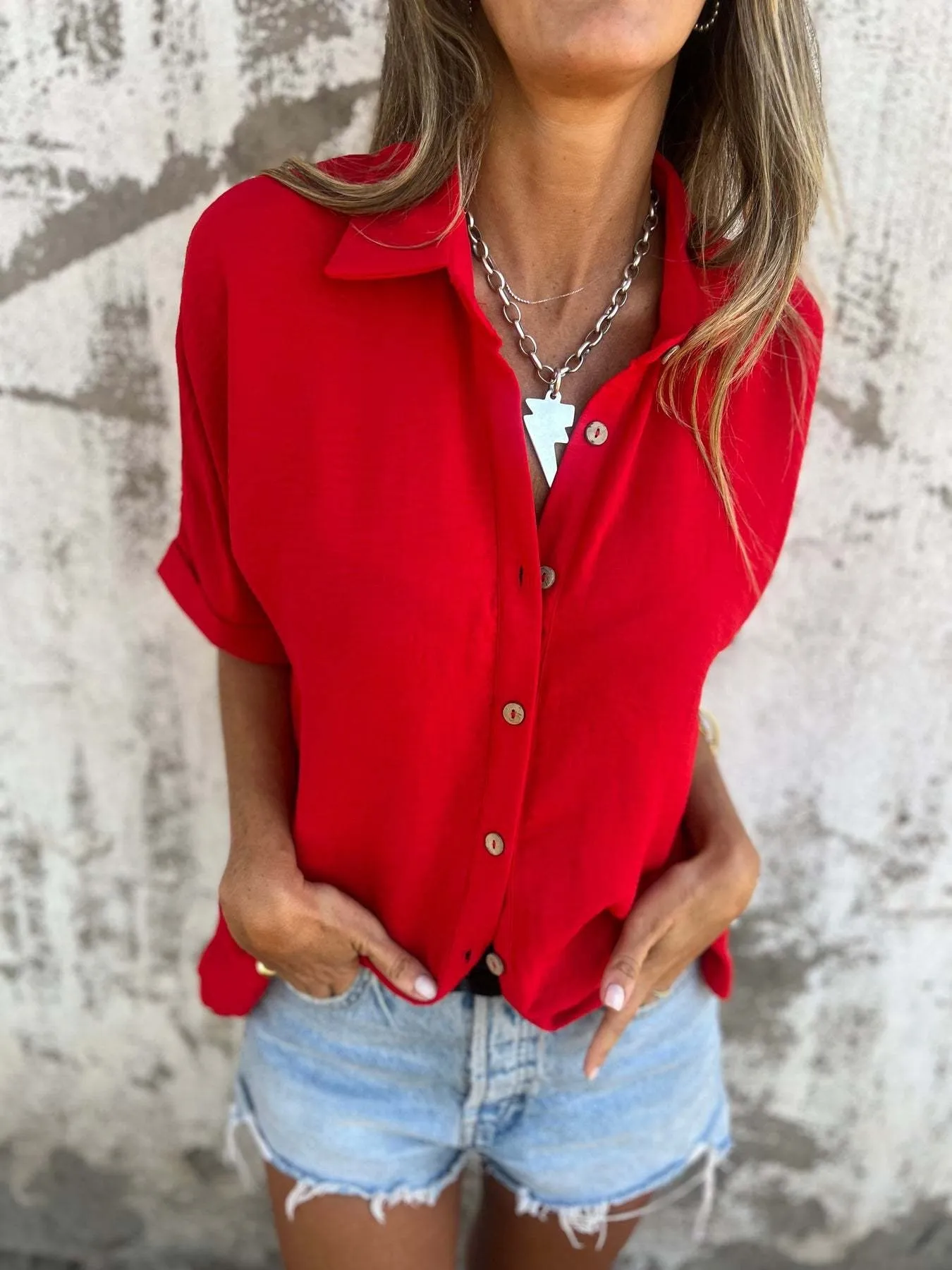 Full Size Casual Button Down Short Sleeve Loose Shirt Plus Size - Image 8