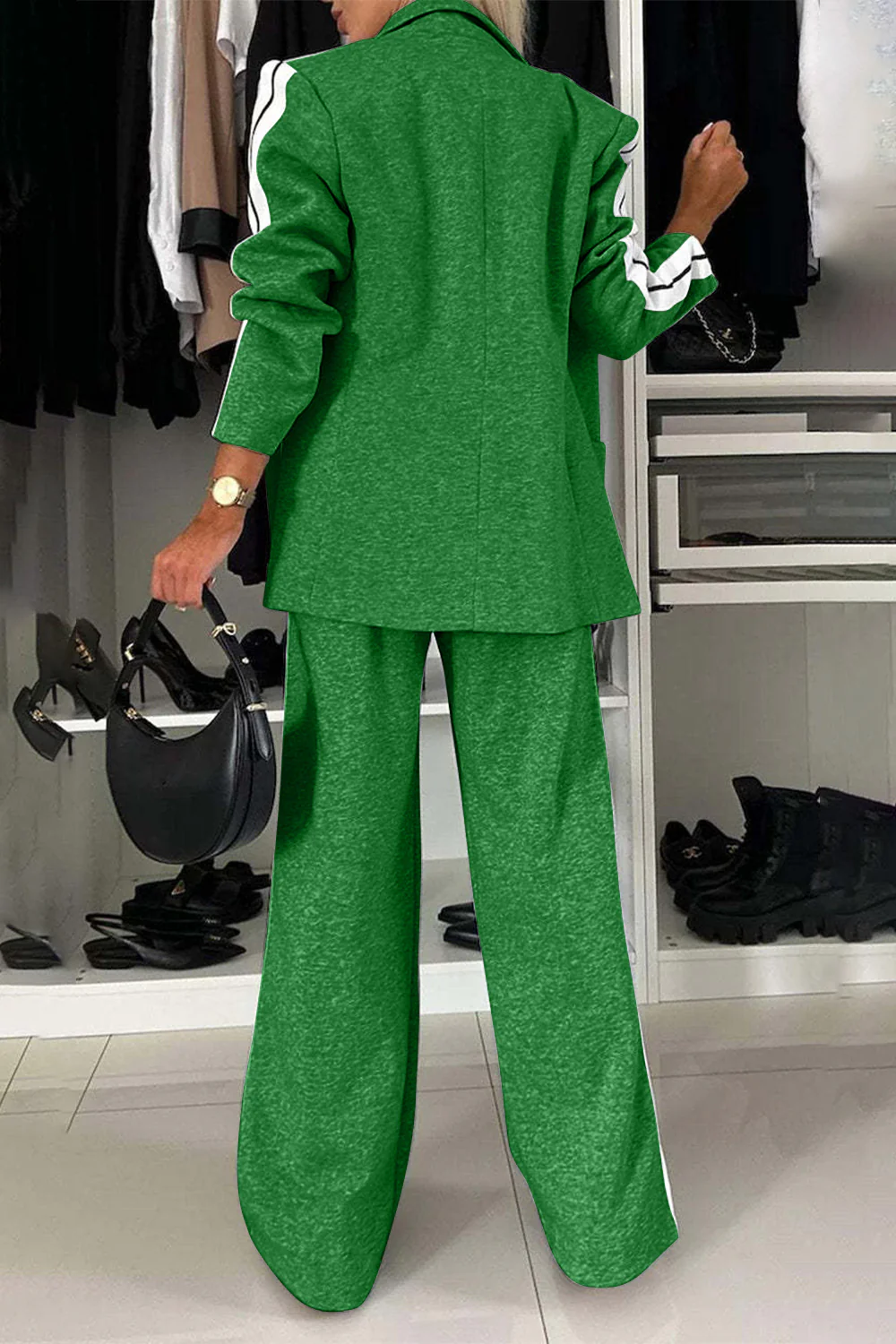 Full Size Contrast Lapel Collar Top and Pants Set - Image 22