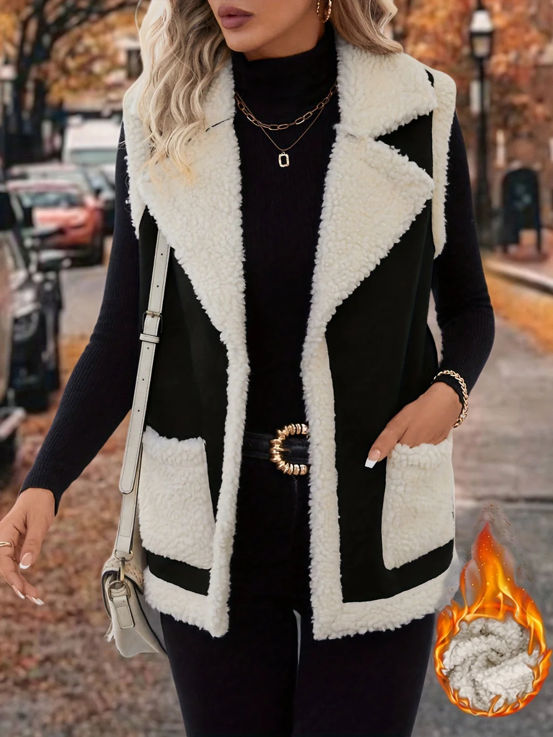Full Size Contrast Open Front Sherpa Vest Coat - Image 7