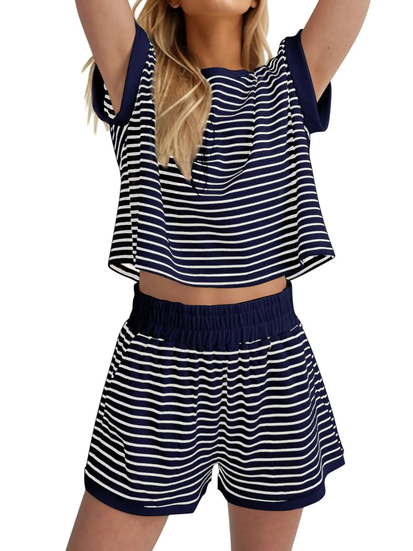 Full Size Contrast Striped T-Shirt and Shorts Set Plus Size - Image 11