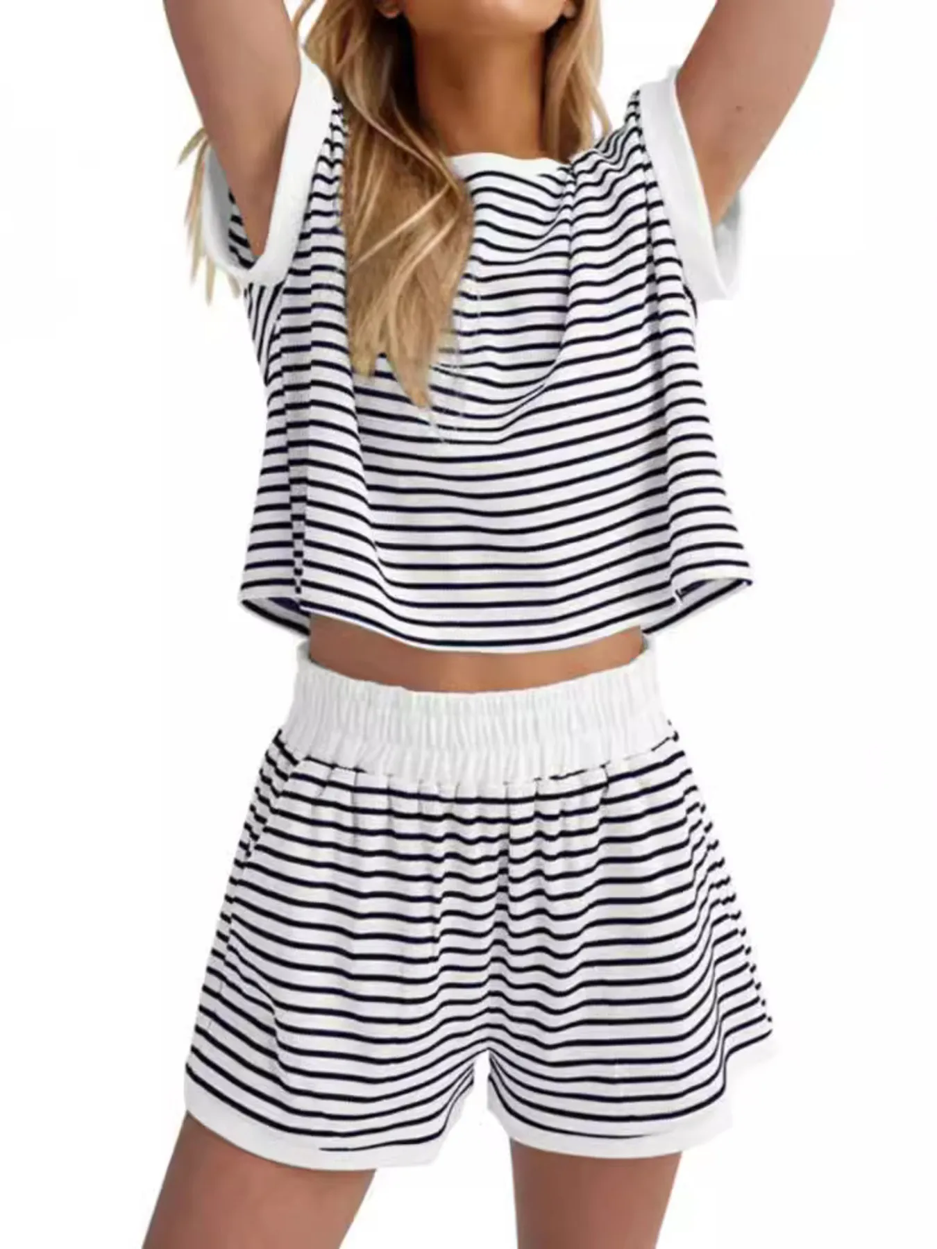 Full Size Contrast Striped T-Shirt and Shorts Set Plus Size - Image 3