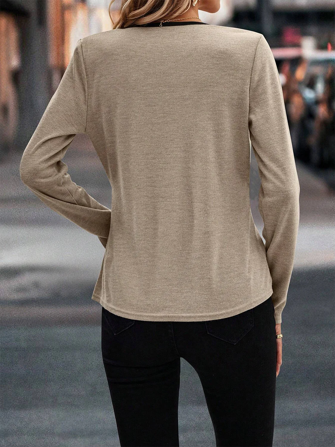 Full Size Crisscross Contrast Trim Long Sleeve T-Shirt - Image 3