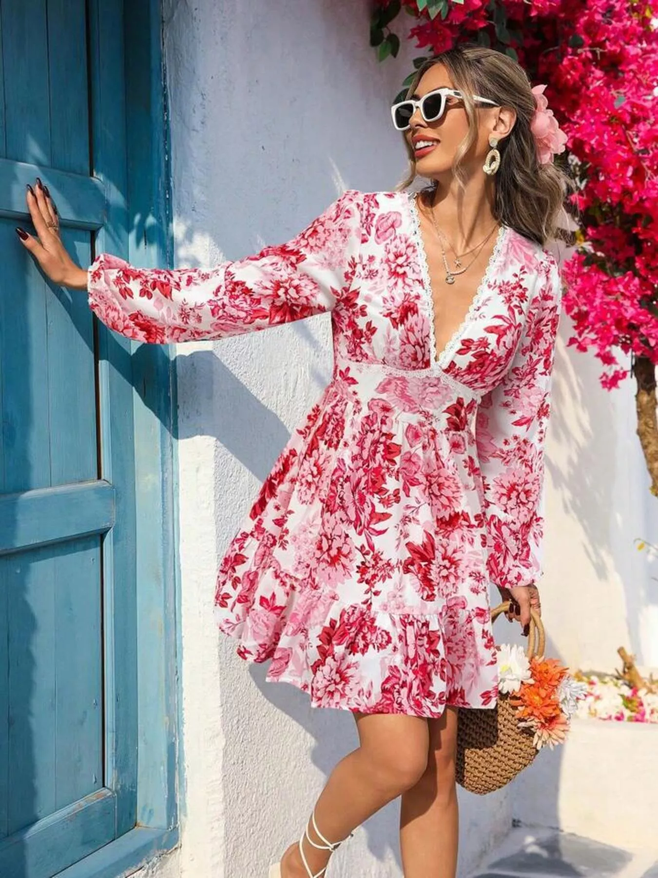 Full Size Floral Print V-Neck Long Sleeve Ruffle Hem Mini Dress Plus Size - Image 10