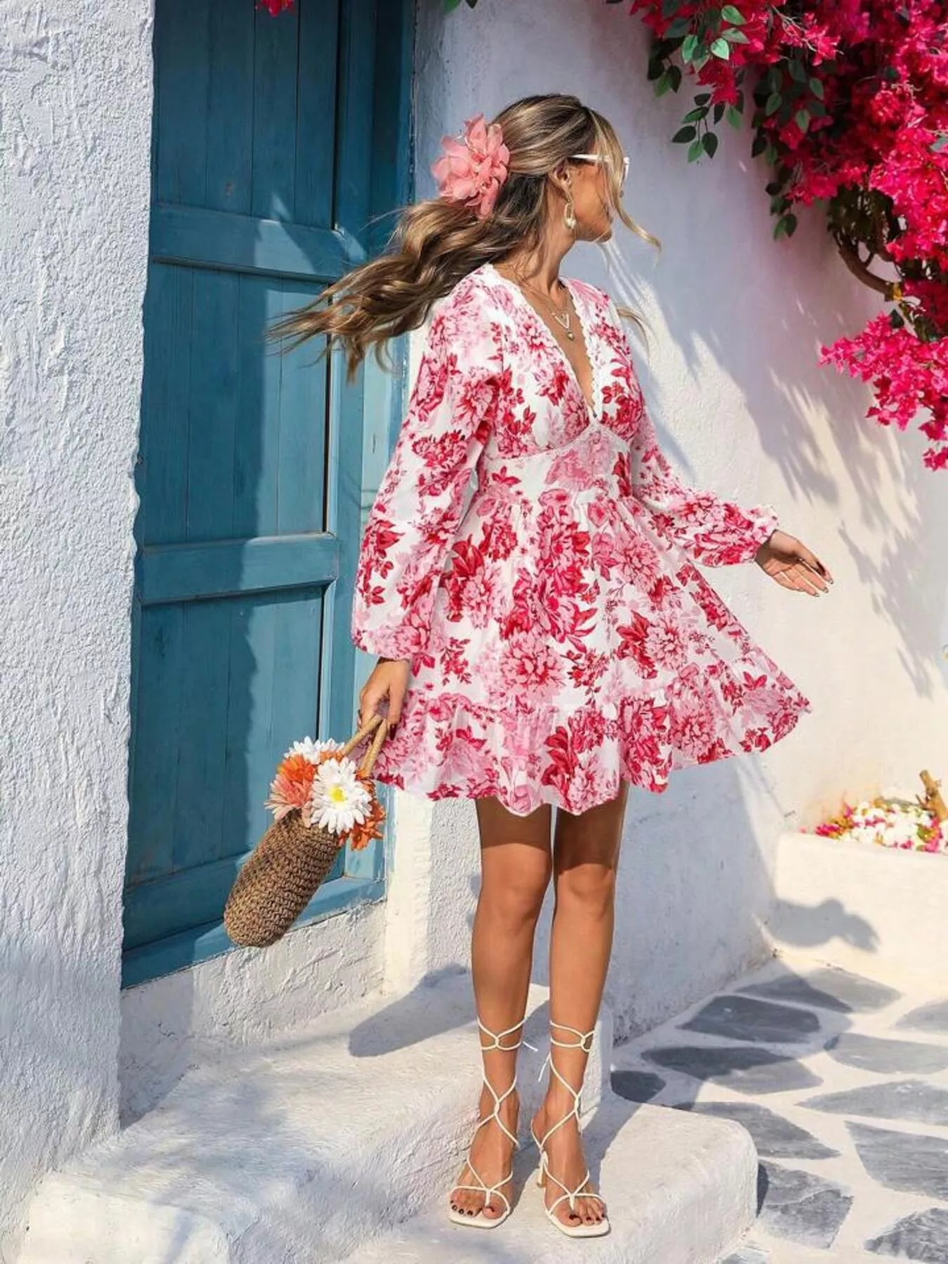 Full Size Floral Print V-Neck Long Sleeve Ruffle Hem Mini Dress Plus Size - Image 11