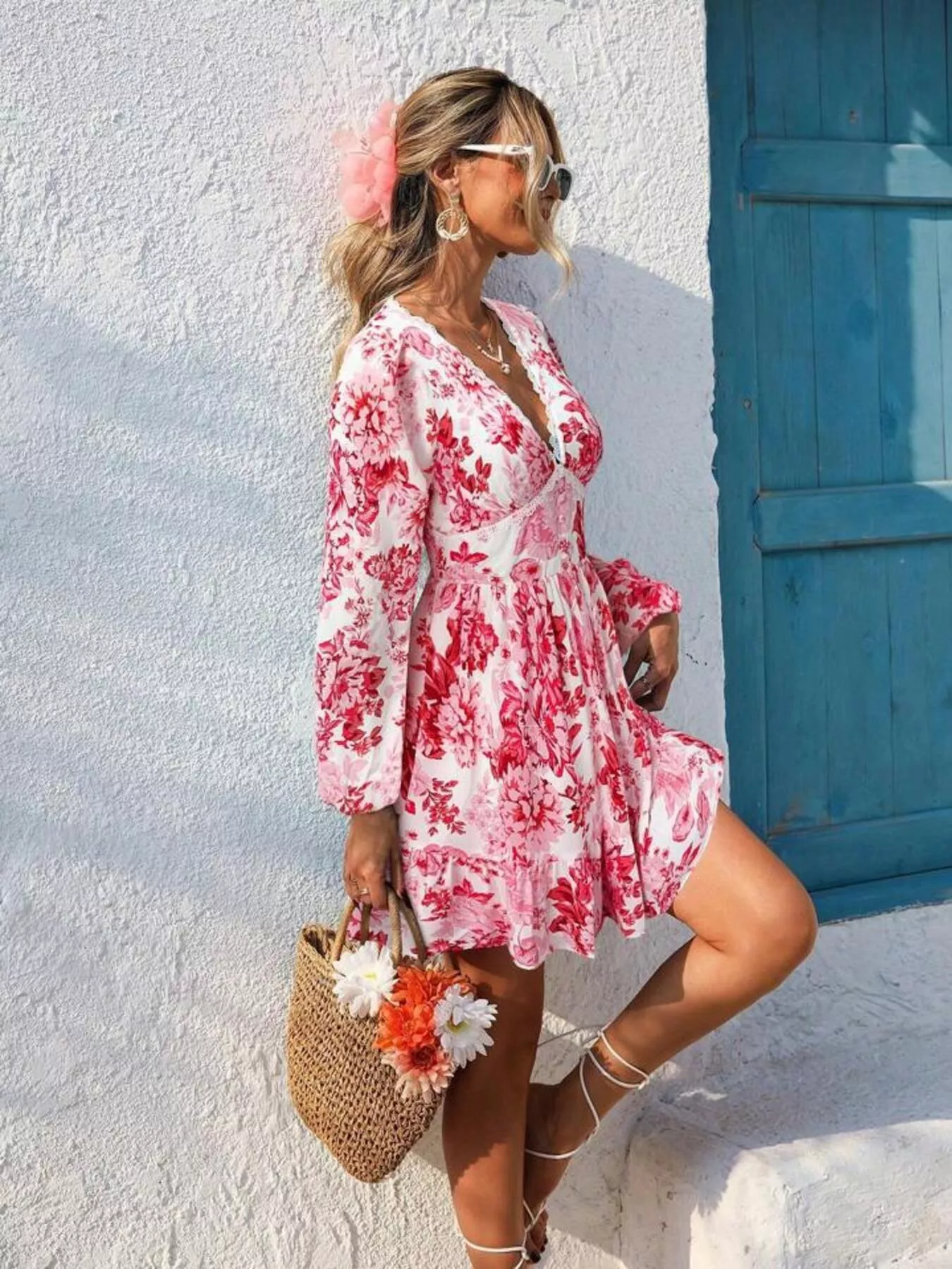 Full Size Floral Print V-Neck Long Sleeve Ruffle Hem Mini Dress Plus Size - Image 12