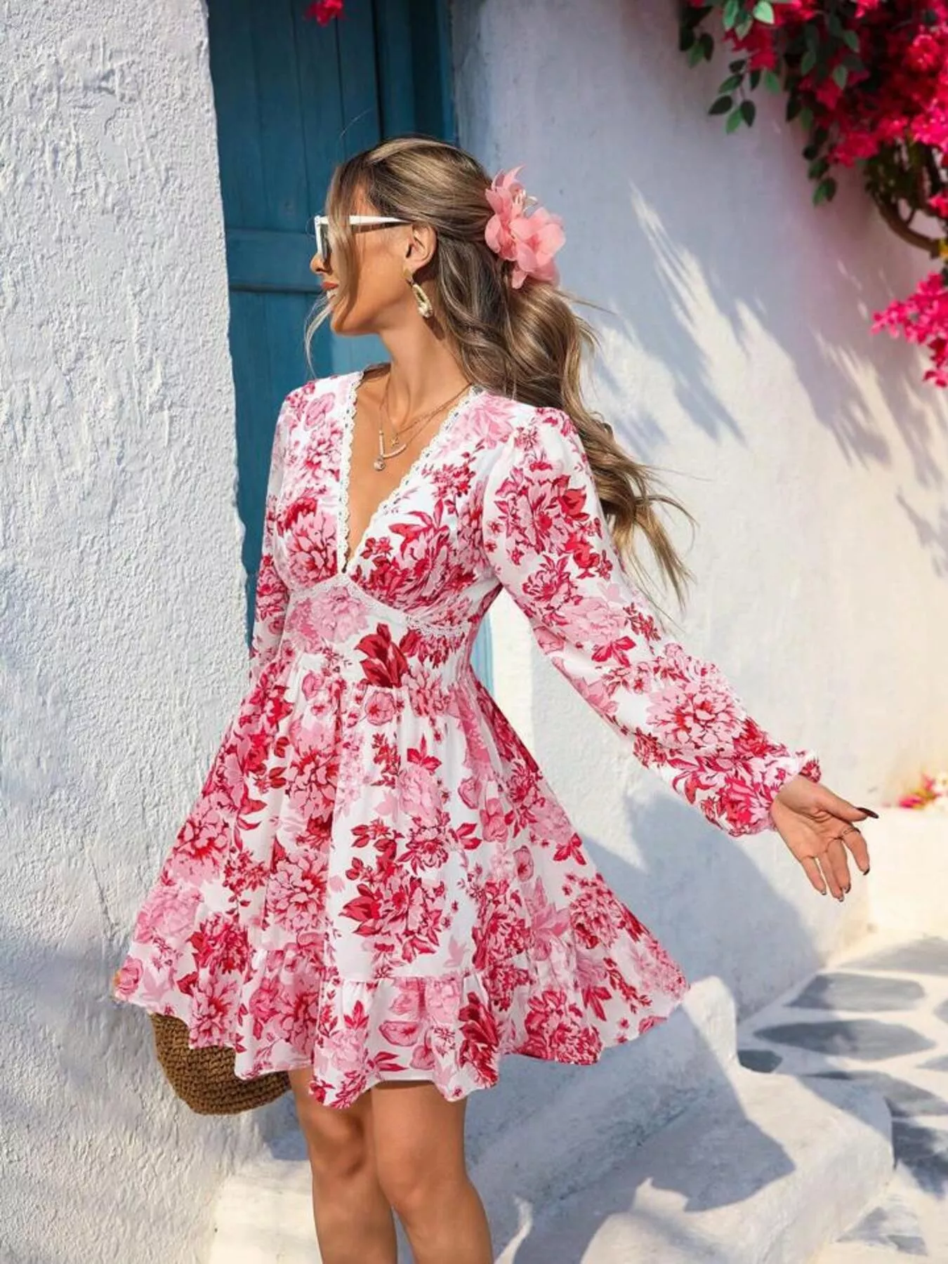 Full Size Floral Print V-Neck Long Sleeve Ruffle Hem Mini Dress Plus Size - Image 13