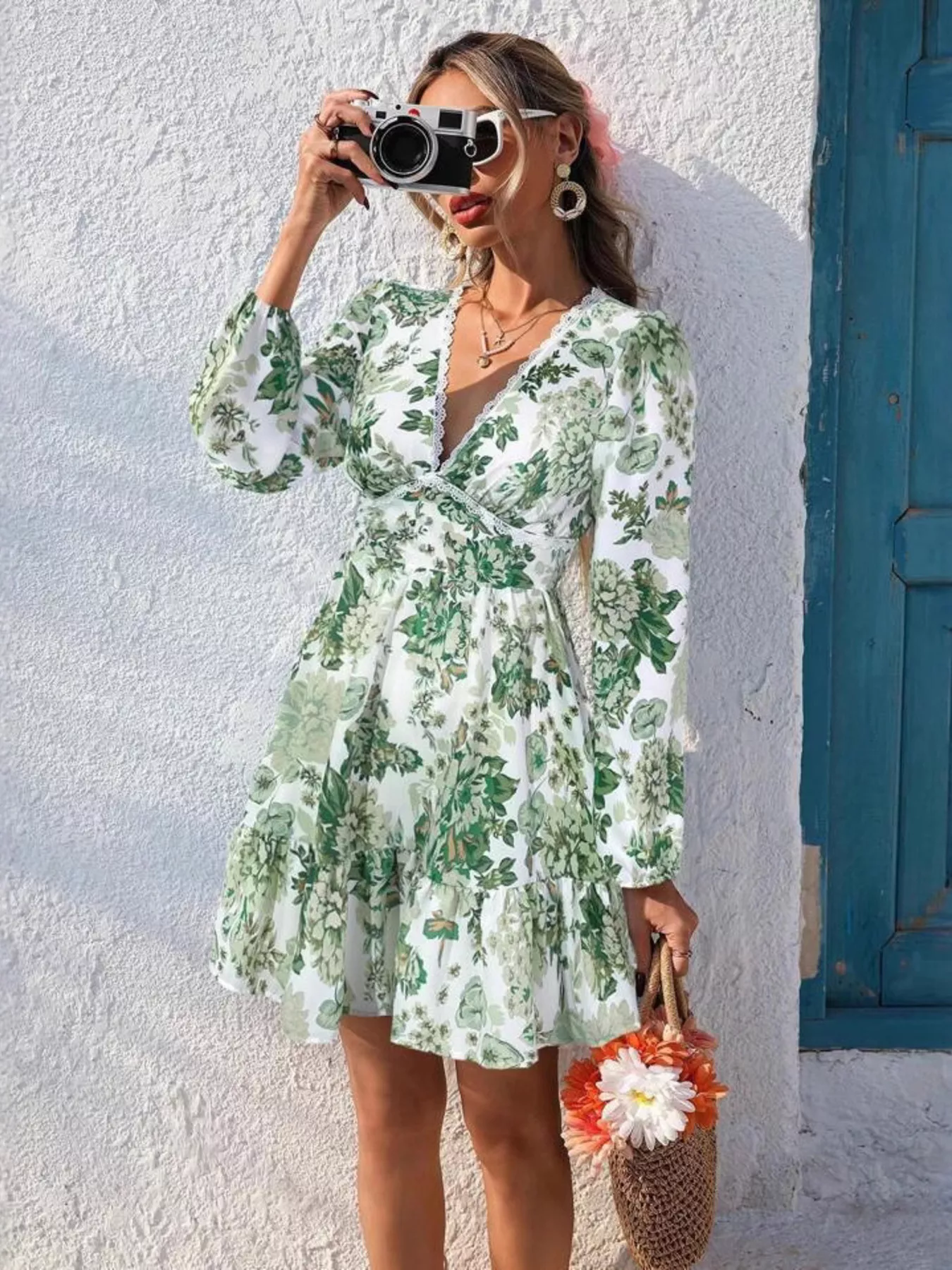 Full Size Floral Print V-Neck Long Sleeve Ruffle Hem Mini Dress Plus Size - Image 14