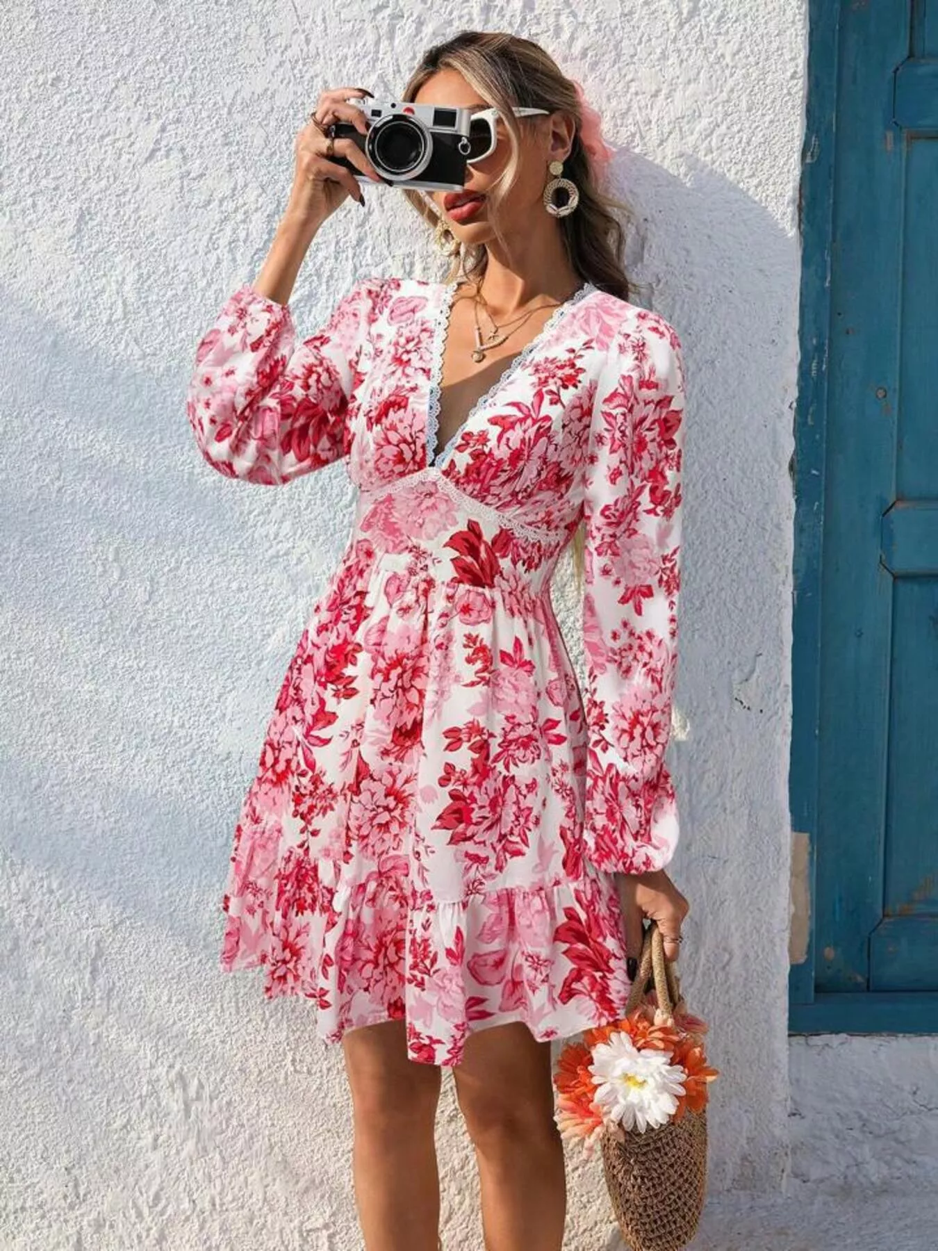 Full Size Floral Print V-Neck Long Sleeve Ruffle Hem Mini Dress Plus Size - Image 8