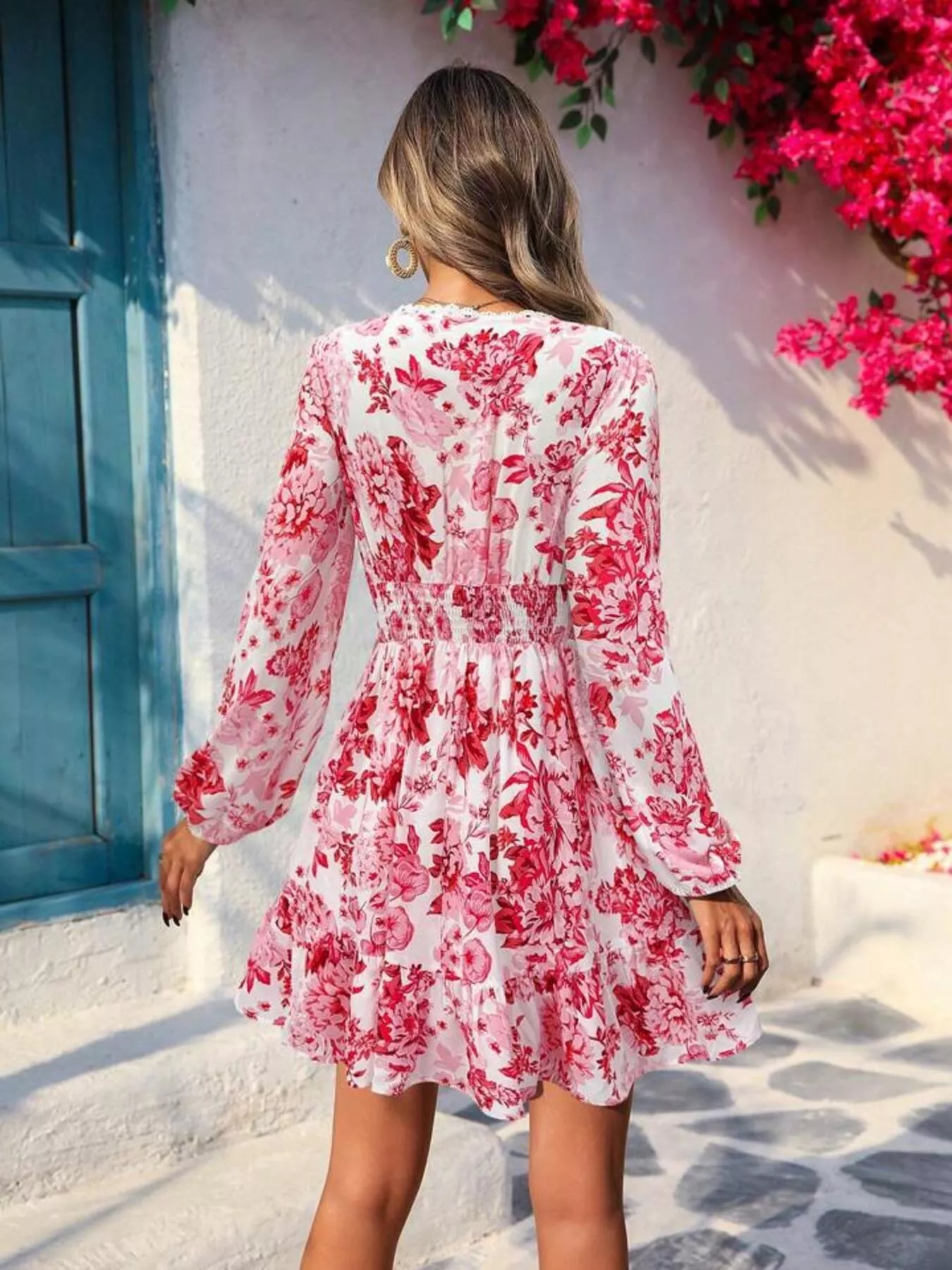 Full Size Floral Print V-Neck Long Sleeve Ruffle Hem Mini Dress Plus Size - Image 9