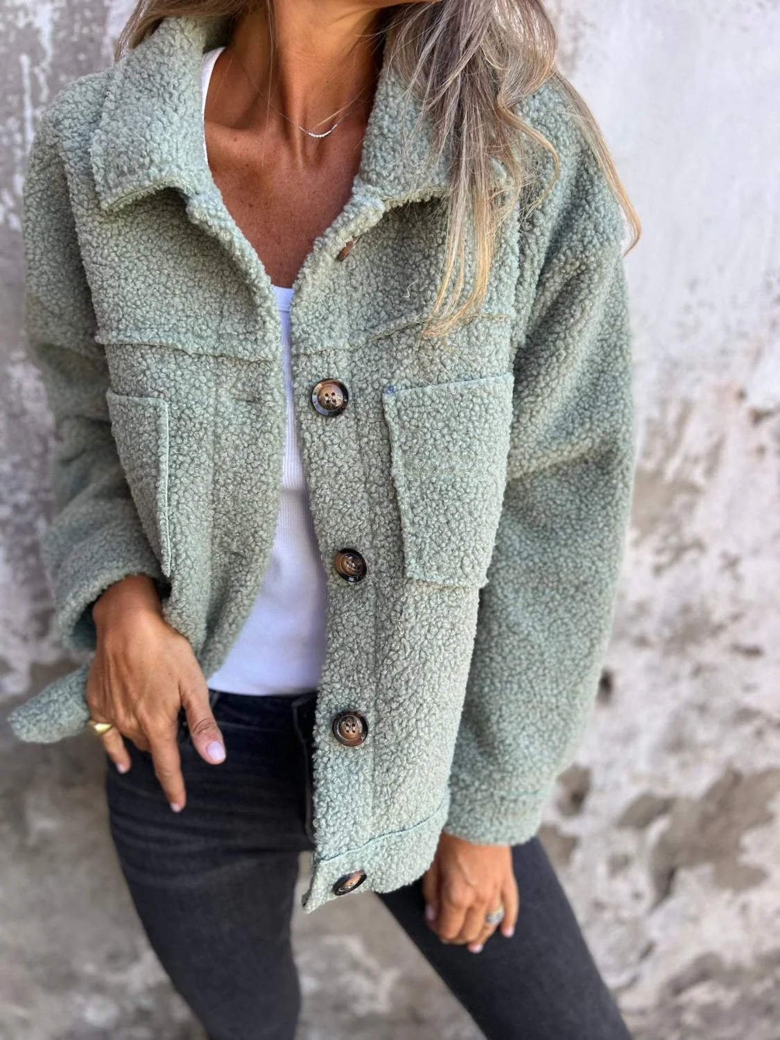 Full Size Fuzzy Button Up Drop Shoulder Jacket - Image 3