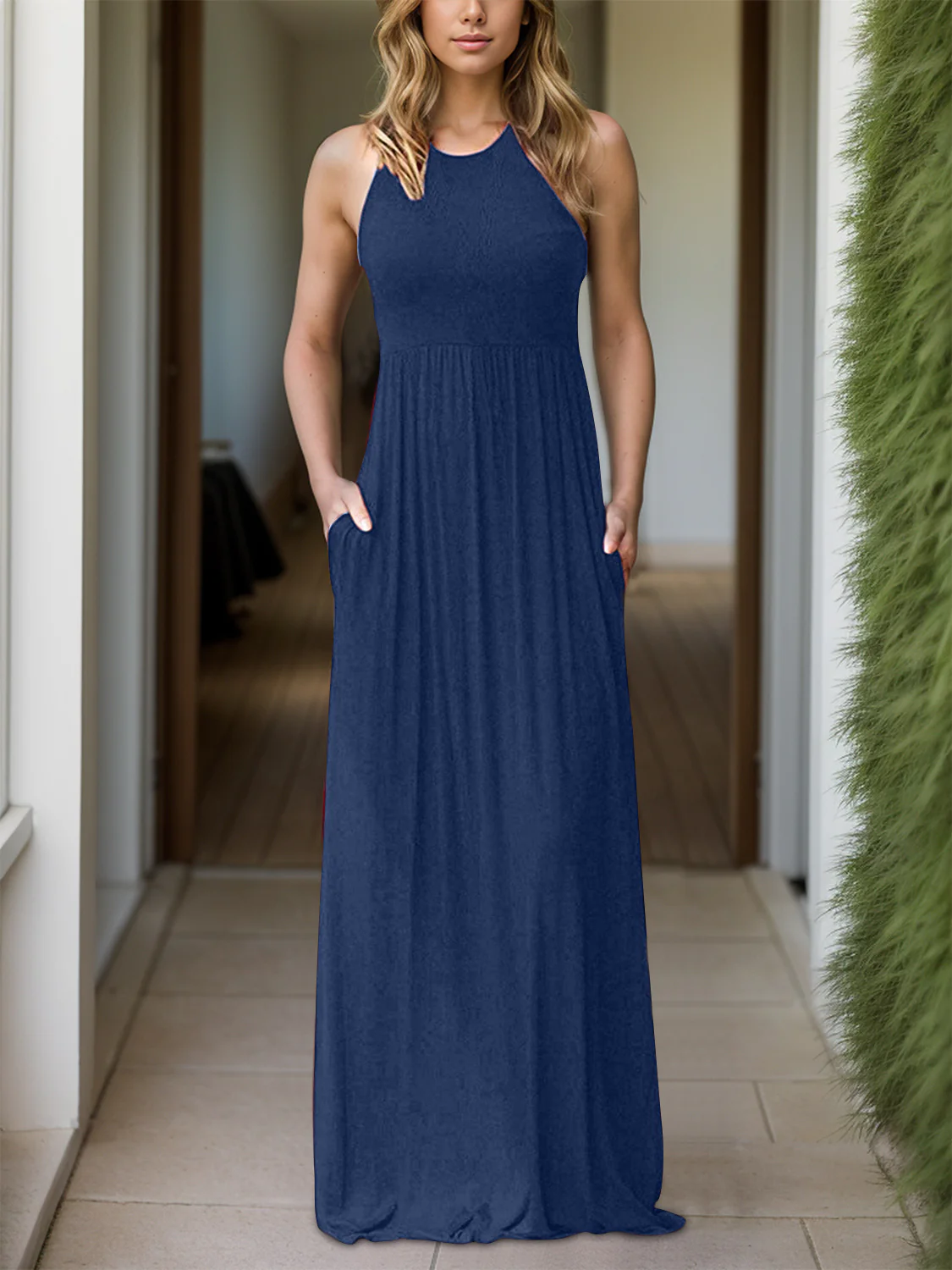 Full Size Grecian Neck Dress with Pockets - Image 8