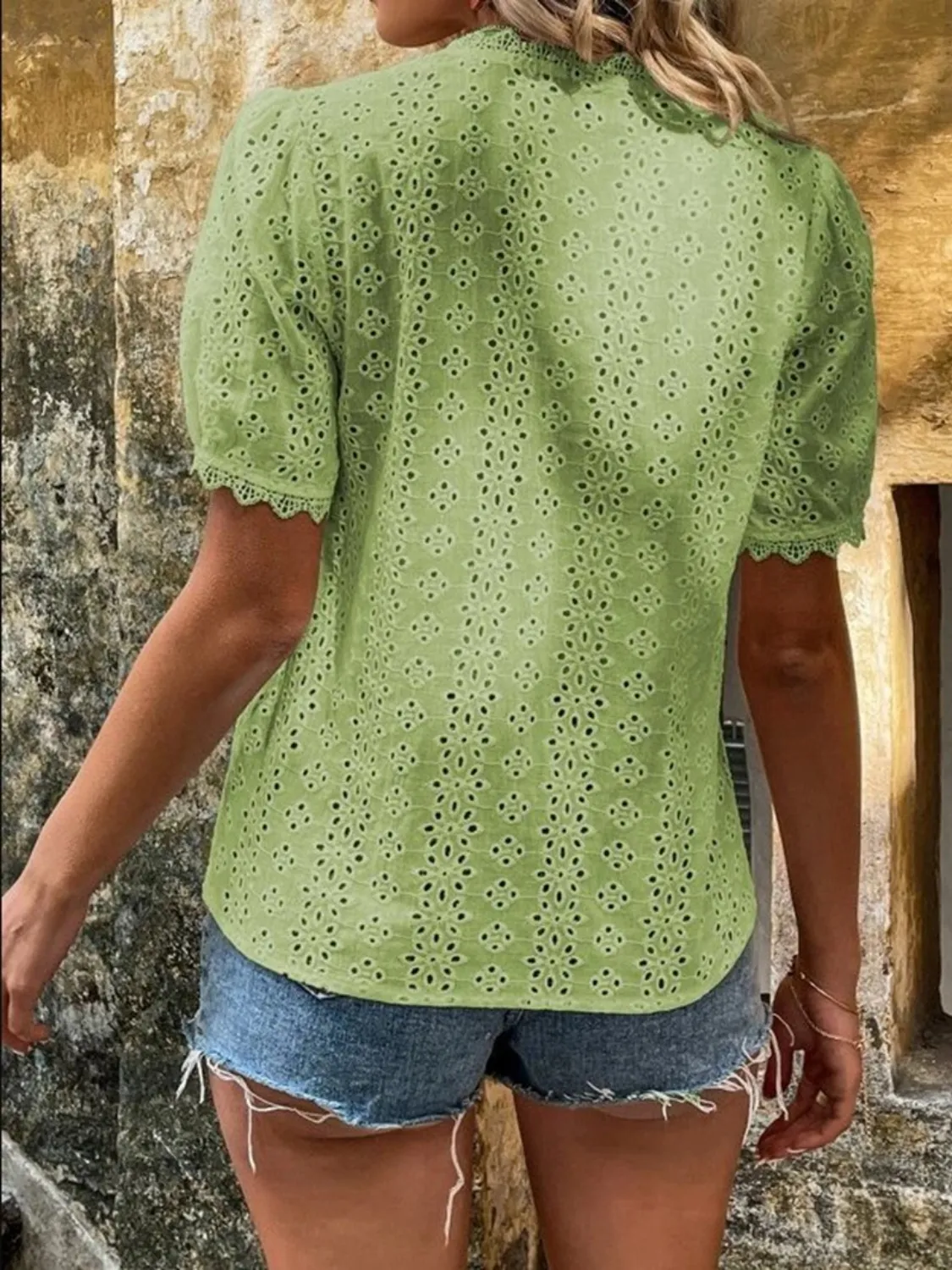 Full Size Lace Detail Eyelet V-Neck Short Sleeve Blouse Plus Size - Image 10