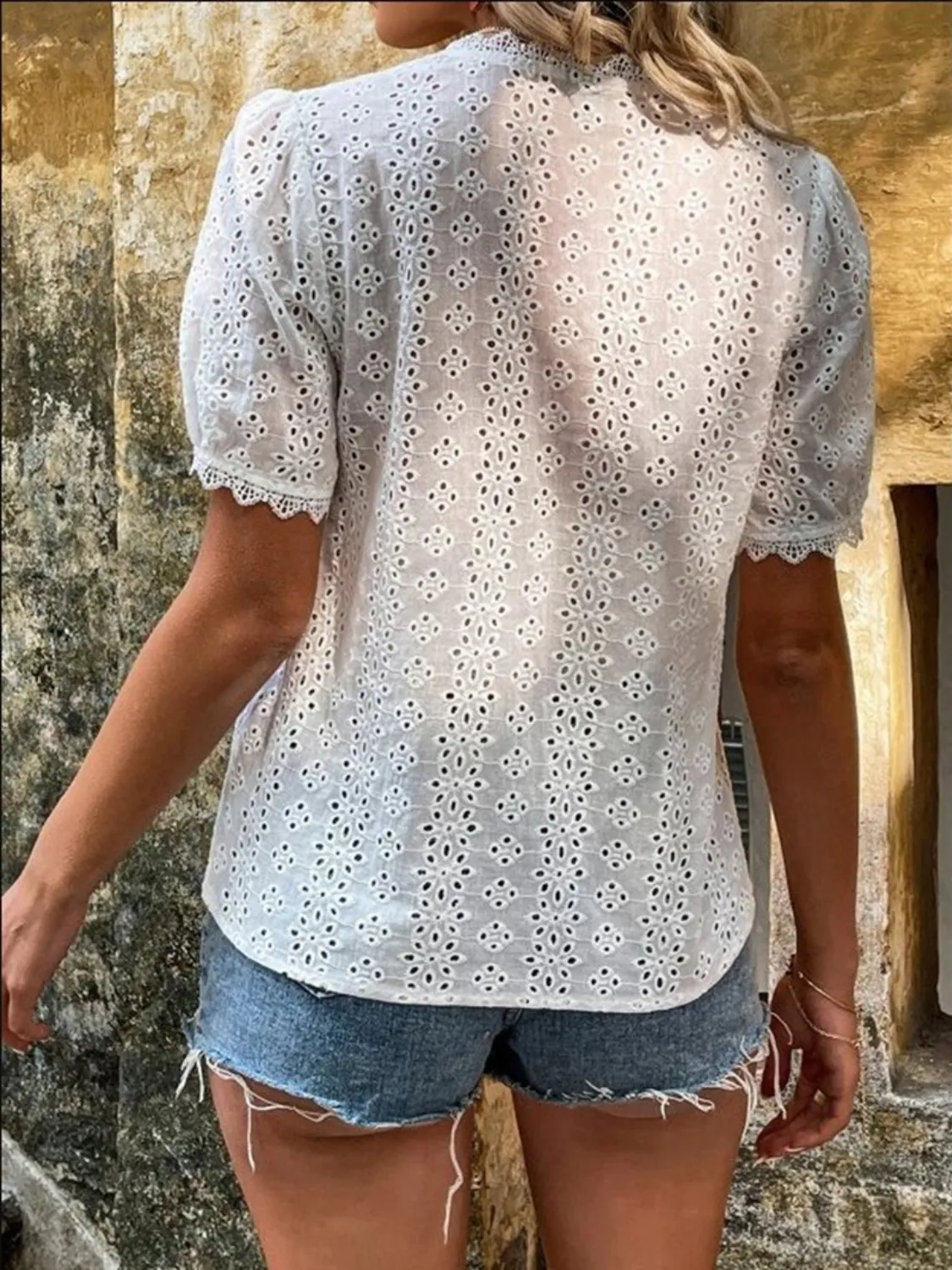 Full Size Lace Detail Eyelet V-Neck Short Sleeve Blouse Plus Size - Image 15