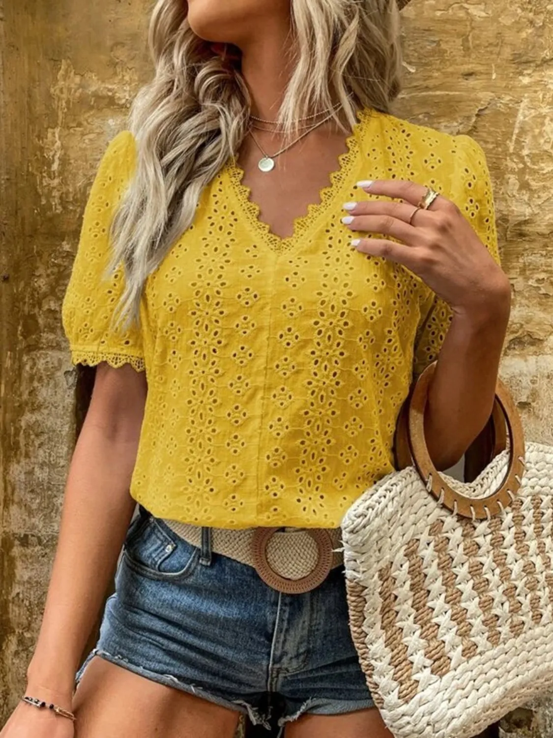 Full Size Lace Detail Eyelet V-Neck Short Sleeve Blouse Plus Size - Image 16