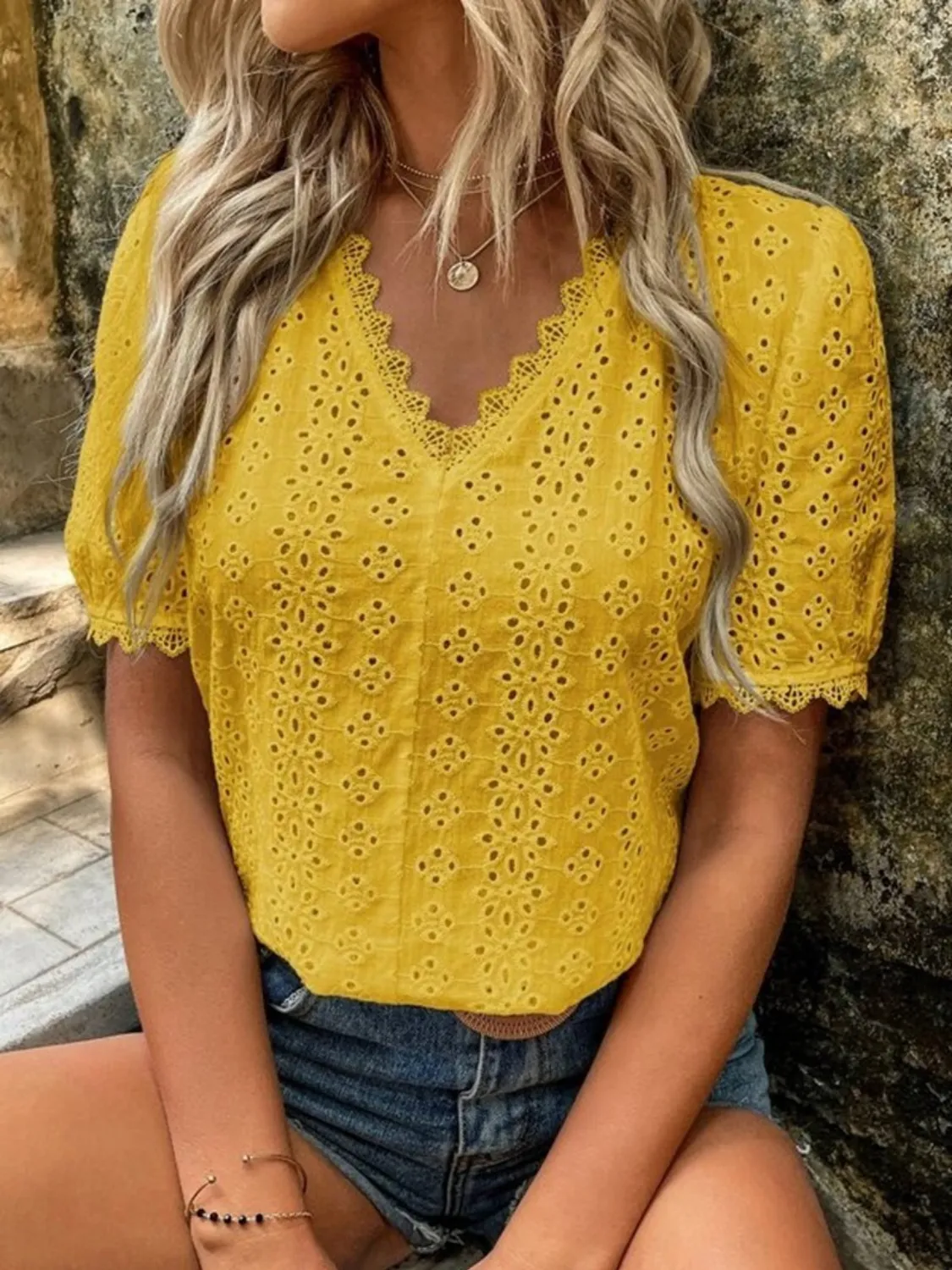 Full Size Lace Detail Eyelet V-Neck Short Sleeve Blouse Plus Size - Image 17