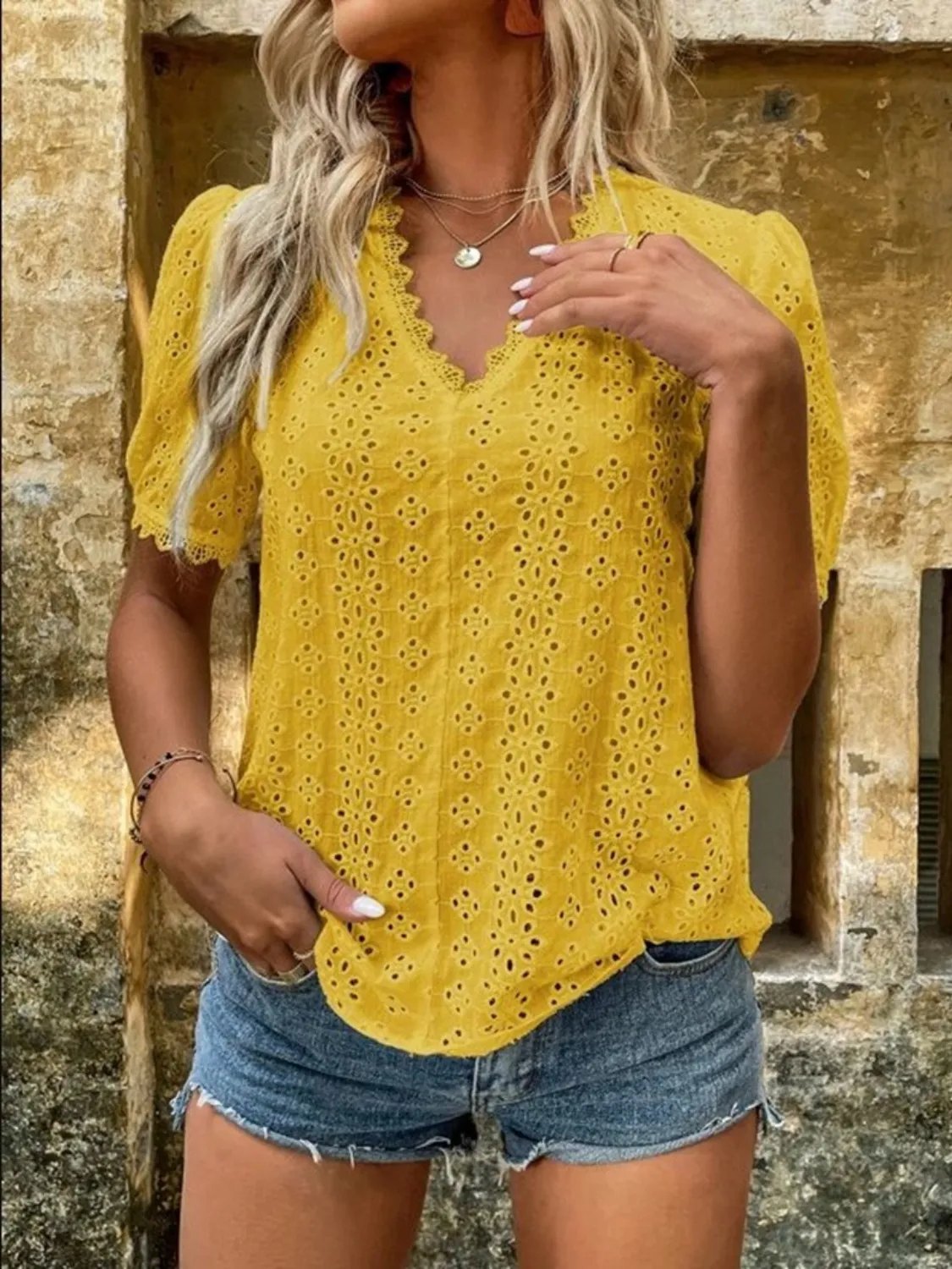 Full Size Lace Detail Eyelet V-Neck Short Sleeve Blouse Plus Size - Image 18
